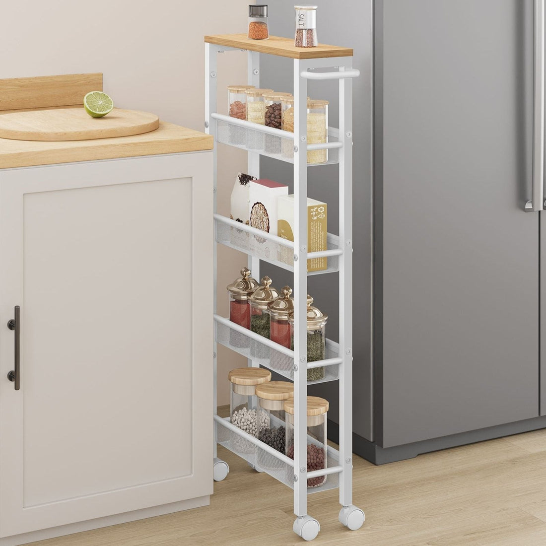 Vit vagn – spånskiva och stål – 13 x 45,4 x 99,6 cm – max. 12,5 kg