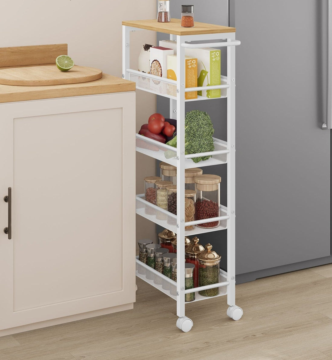 Trolley met 5 niveaus op wielen - staal/spaanplaat - 22 x 45,4 x 99,6 cm - eiken wit