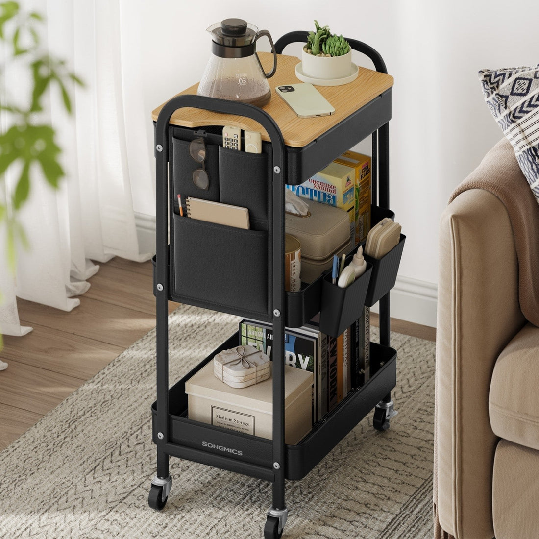 Metalen trolley op wielen, zwart, opbergkar, zwaar uitgevoerd, 30,6 x 44,3 x 74,2 cm