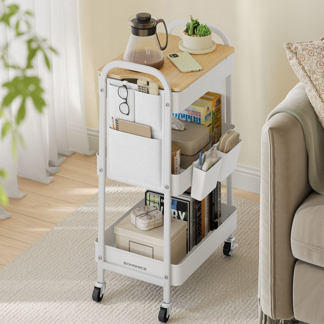 Witte stalen trolley - rolwagen - opbergwagen - 10 kg per plank - 30,6 x 44,3 x 74,2 cm