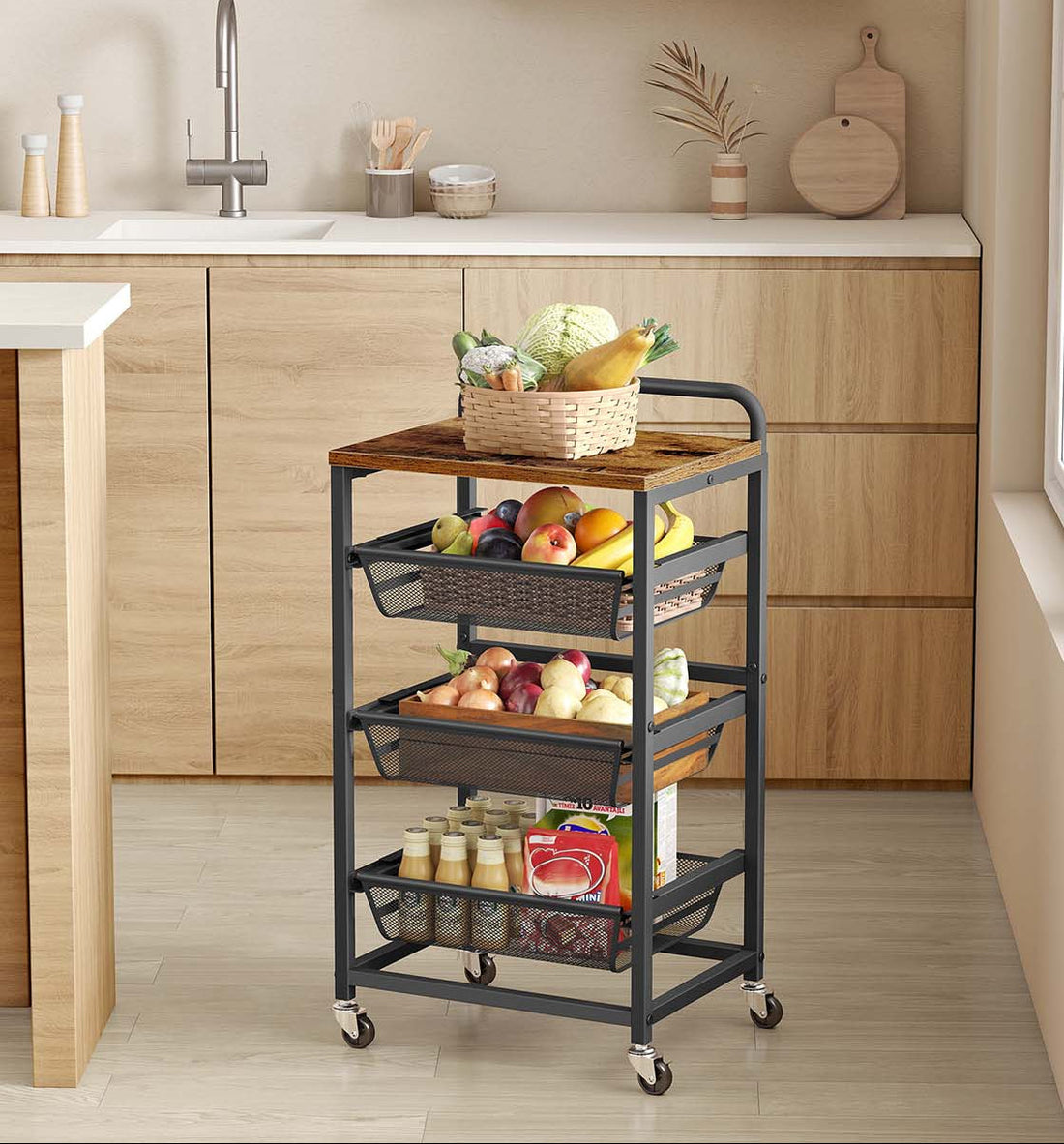 Serveertrolley met etages – Opbergrek – FSC-hout – 31,7 x 40 x 76 cm – Bruin/zwart