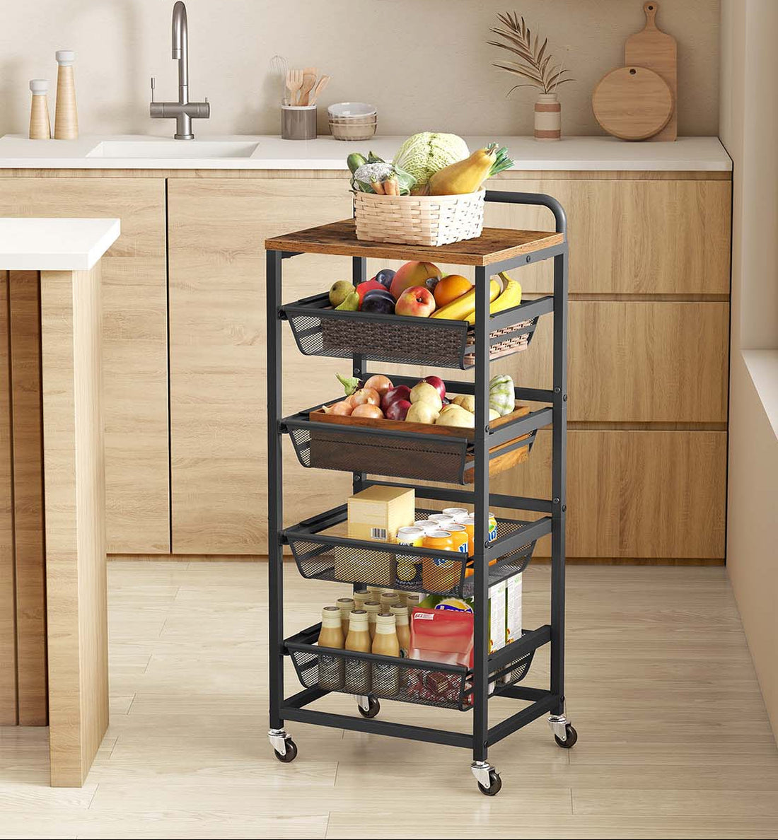 Serveerwagen met etages - snackwagen - drankenstandaard - FSC-hout - 31,7 x 40 x 95 cm