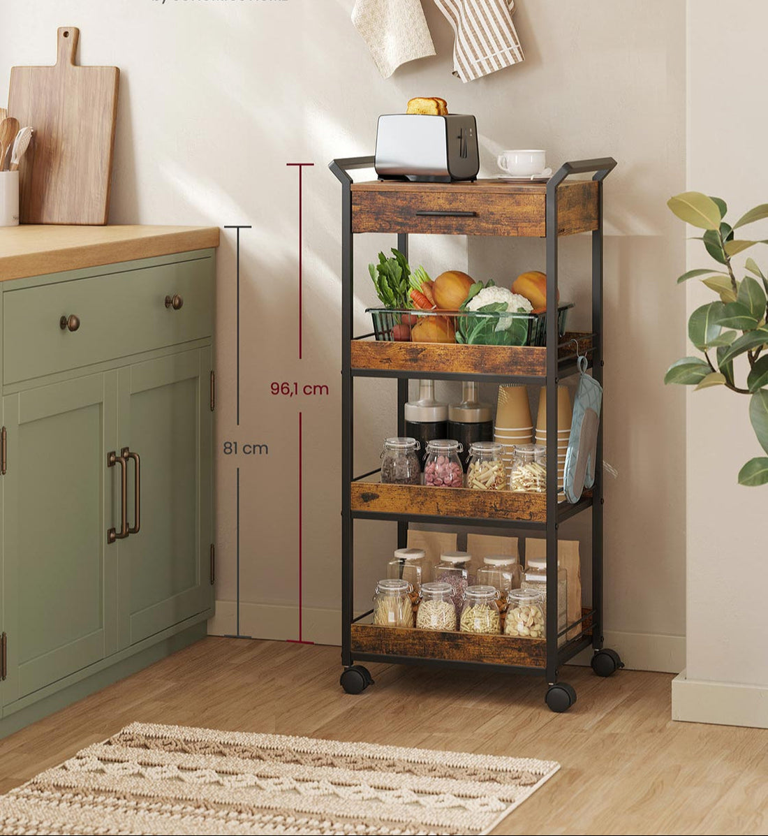 3-laags trolley - verrijdbare opbergkar - bruin zwart - 30x46.2x96.1 cm - robuust metalen frame
