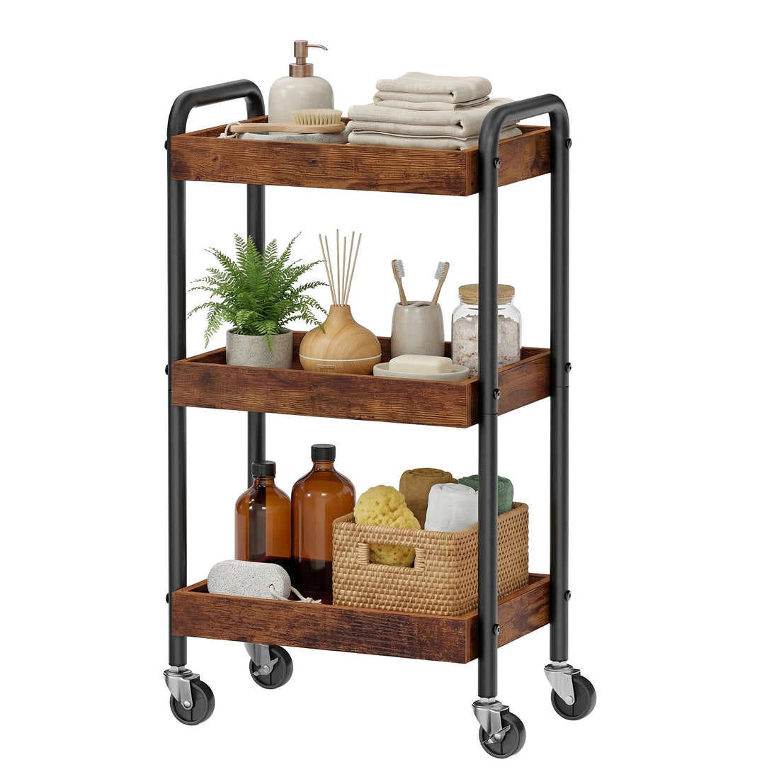 Keukenrek op wielen van MDF met handgrepen | Bruin | 41,3x27,5x73 cm