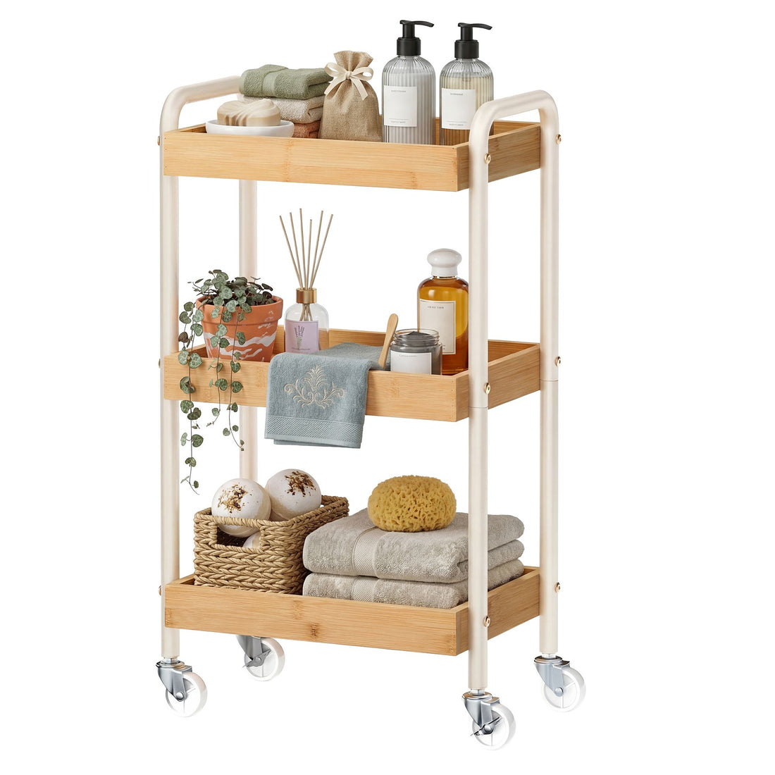 Bamboe serveerwagen met handgrepen, keukenrek en badkamerwagen | Beige | 41,3x27,5x73 cm
