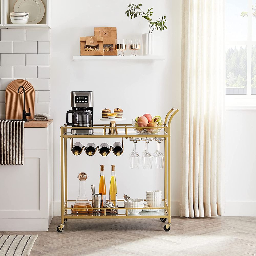 Serveertrolley met spiegelglazen plateaus, goud, staal, 80 x 38 x 77,5 cm