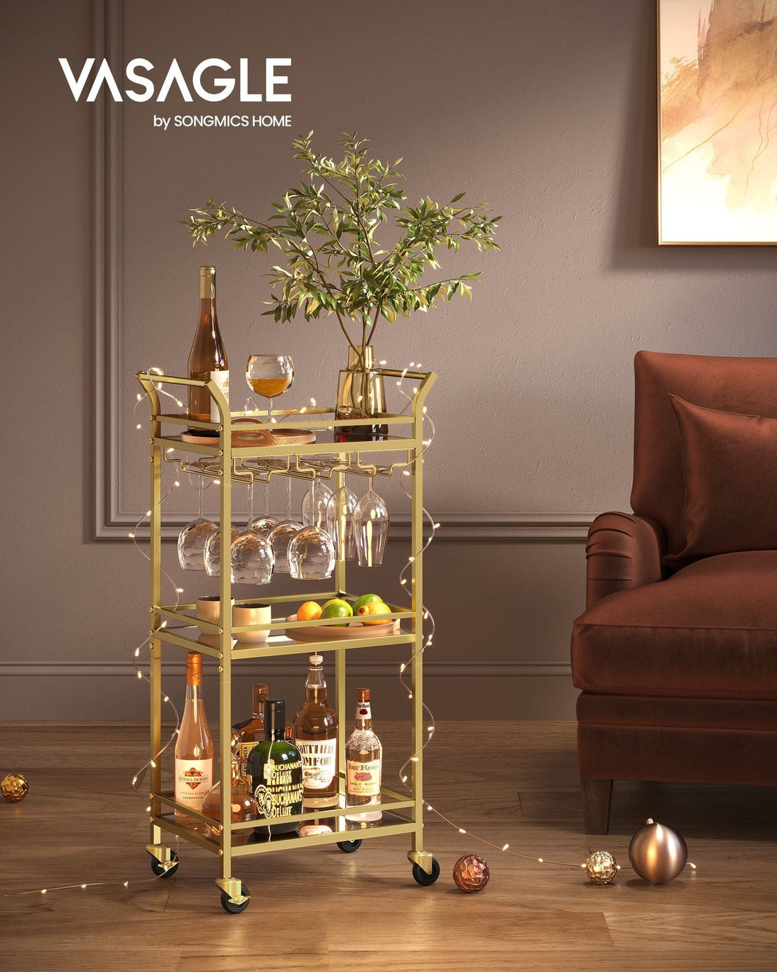 Dryckesvagn i guld med spegelglas – stål – på hjul – 30 x 46,8 x 92 cm