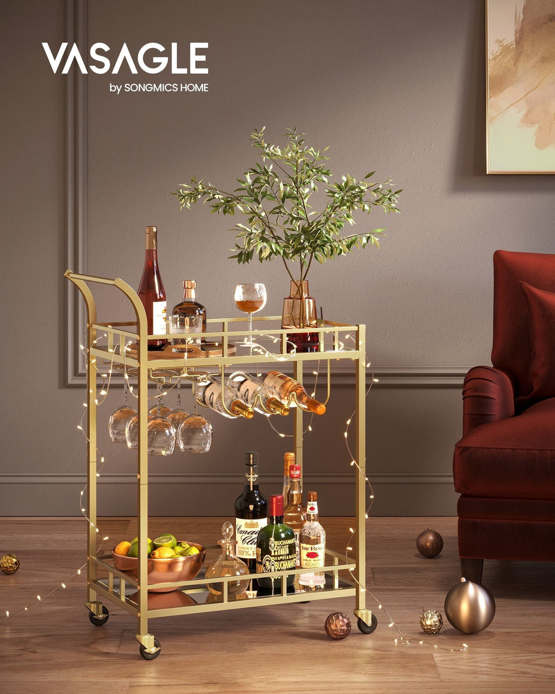 Guldpläterad serveringsvagn med spegelglas – drinkvagn – robust – 38 x 60 x 90 cm