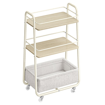 Rolwagen met 3 niveaus, planken en mand | Beige-wit | 30x43x81 cm