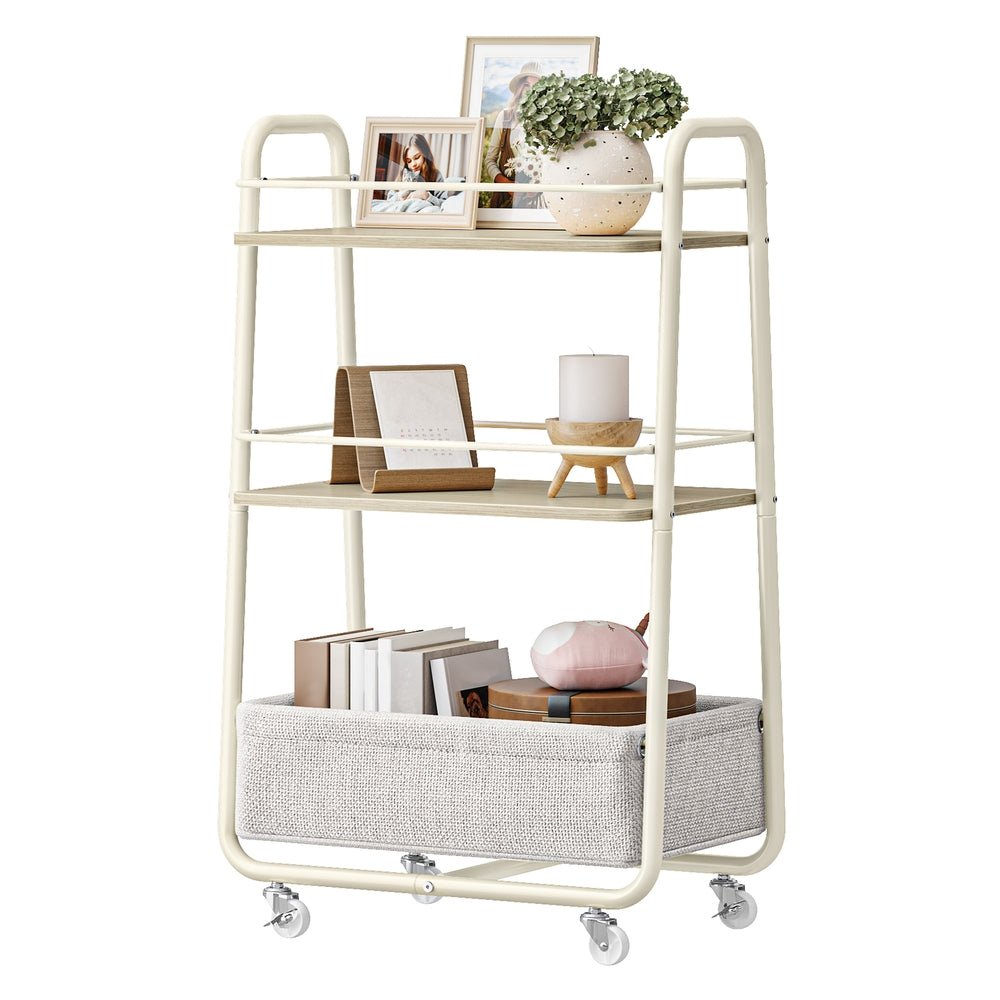 Rolwagen met 3 niveaus, planken en mand | Beige-wit | 30x43x81 cm