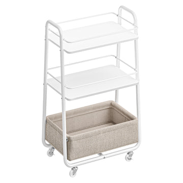 Rollwagen met 3 etages, planken en mand voor woonkamer | Wit-Bruin | 30x43x81 cm