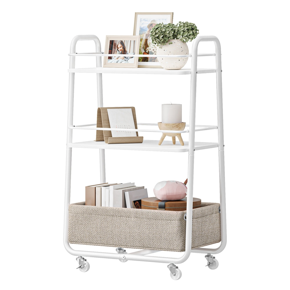 Rollwagen met 3 etages, planken en mand voor woonkamer | Wit-Bruin | 30x43x81 cm