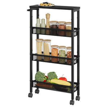 Smalle keukenwagen met 4 etages op wielen | Zwart | 45,4x13x77 cm