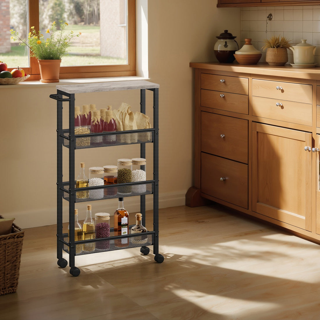 Smalle keukenwagen met 4 niveaus op wielen | Greige | 45,4x13,4x77 cm