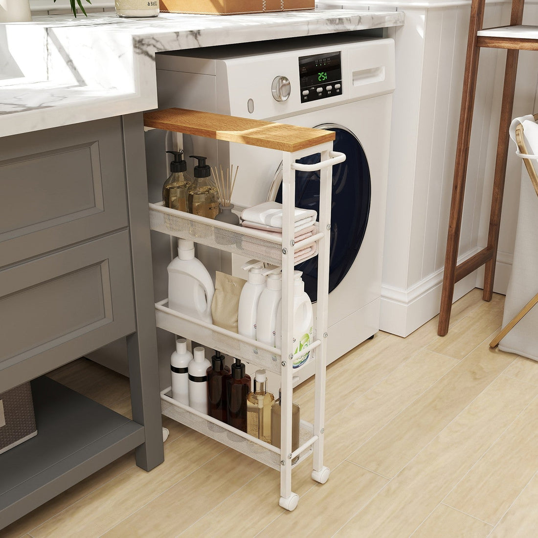 Keukenroltafel 4 niveaus met nisplank - smal - bruin/wit - 13 x 45,4 x 77 cm