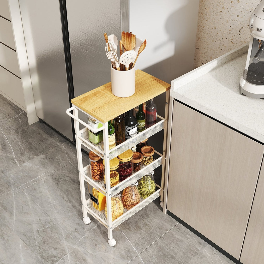 Troting keukentrolley - Smal nisrek - Ruimtebesparend - 22 x 45,4 x 77 cm - Wit