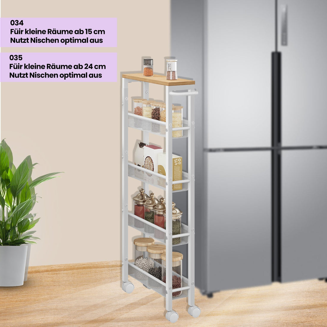Smal köksrulldningsbord 5 hyllplan - ekvit - 13x45,4x99,6 cm