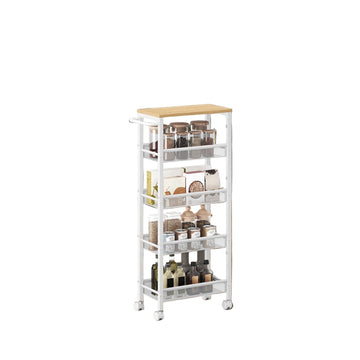 Houten trolley - Verrijdbare opbergkar - Stalen frame - 22 x 45,4 x 99,6 cm - Bruin/wit