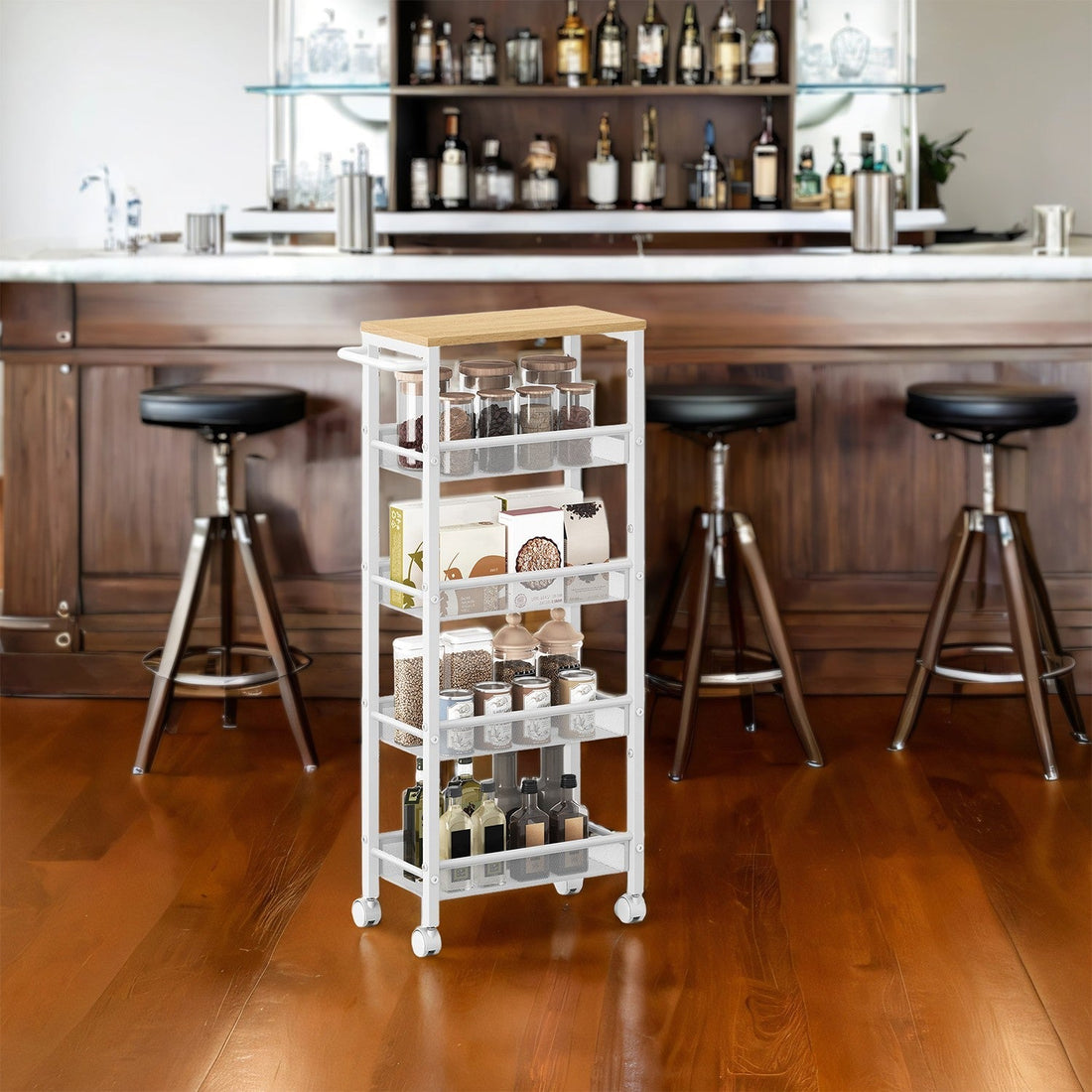 Houten trolley - Verrijdbare opbergkar - Stalen frame - 22 x 45,4 x 99,6 cm - Bruin/wit