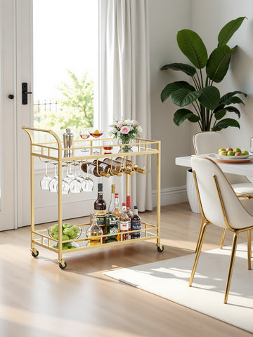 Gouden serveerwagen - barwagen - staal en spiegelglas - 80 x 38 x 77,5 cm