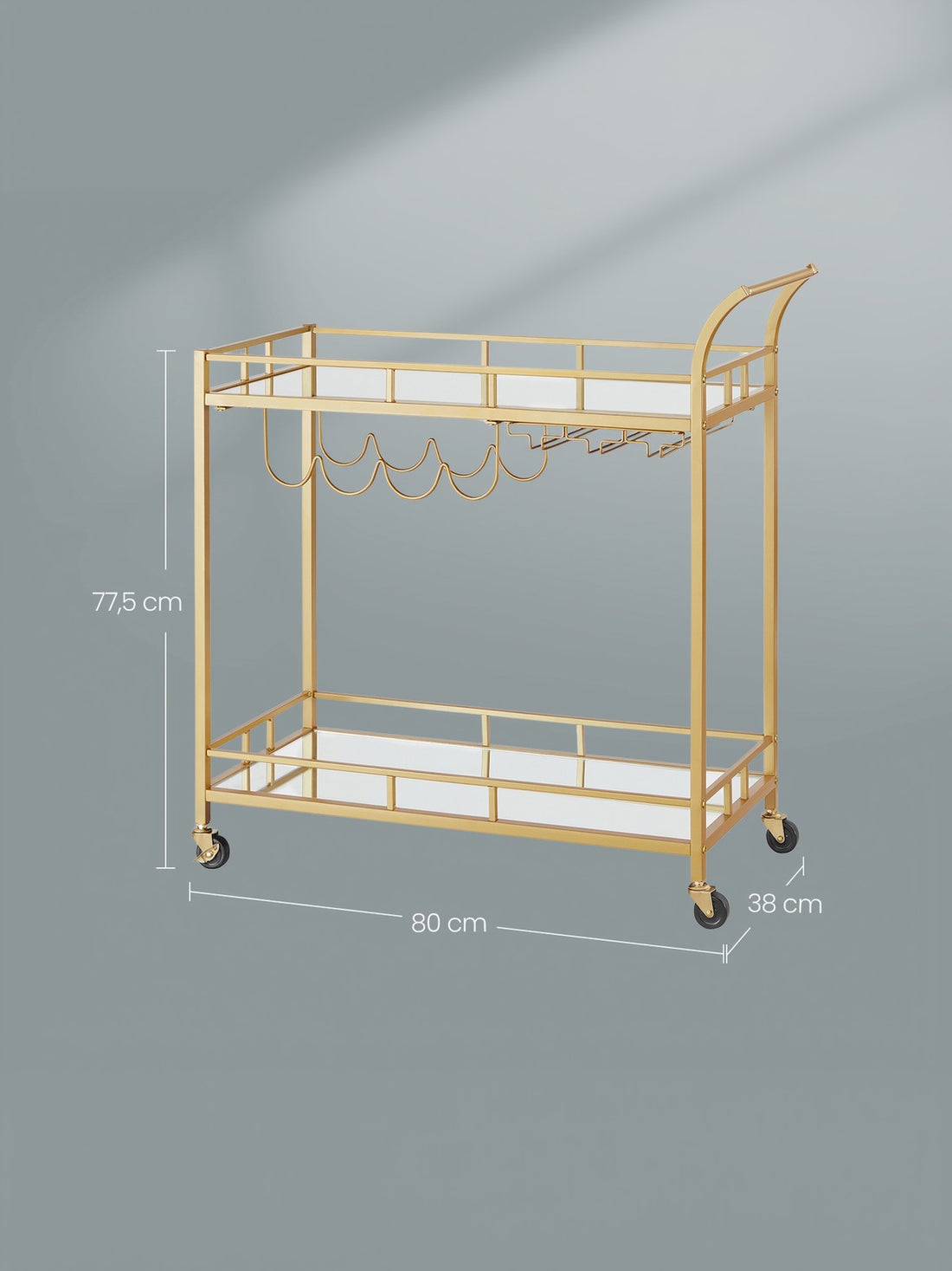 Gouden serveerwagen - barwagen - staal en spiegelglas - 80 x 38 x 77,5 cm