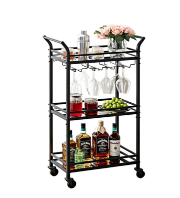 Zwarte glazen serveerwagen - trolley - barwagen - 30 x 46,8 x 92 cm
