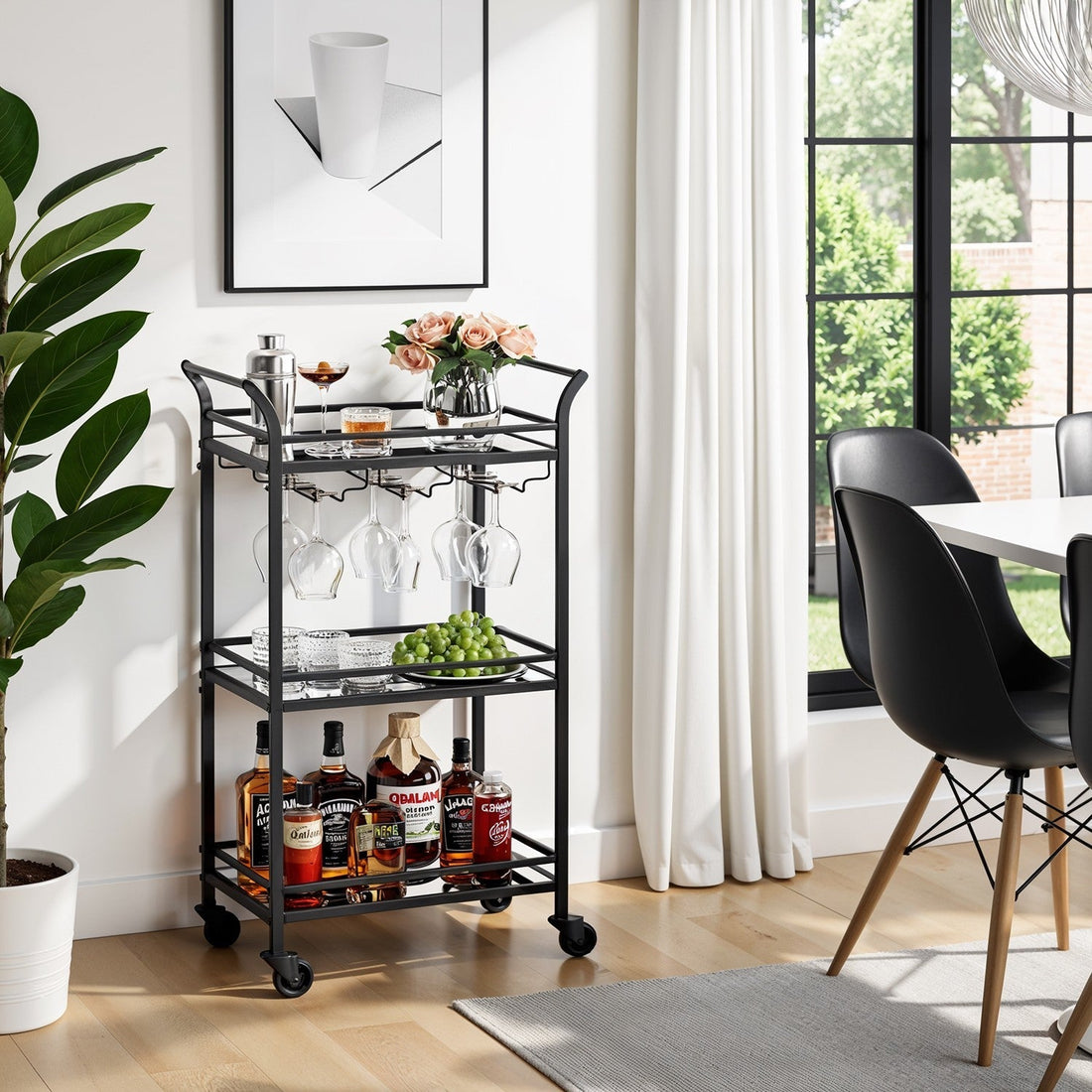 Zwarte glazen serveerwagen - trolley - barwagen - 30 x 46,8 x 92 cm