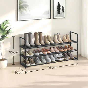 Schoenenrek met 3 etages van metaal | Zwart | 116x30x55 cm