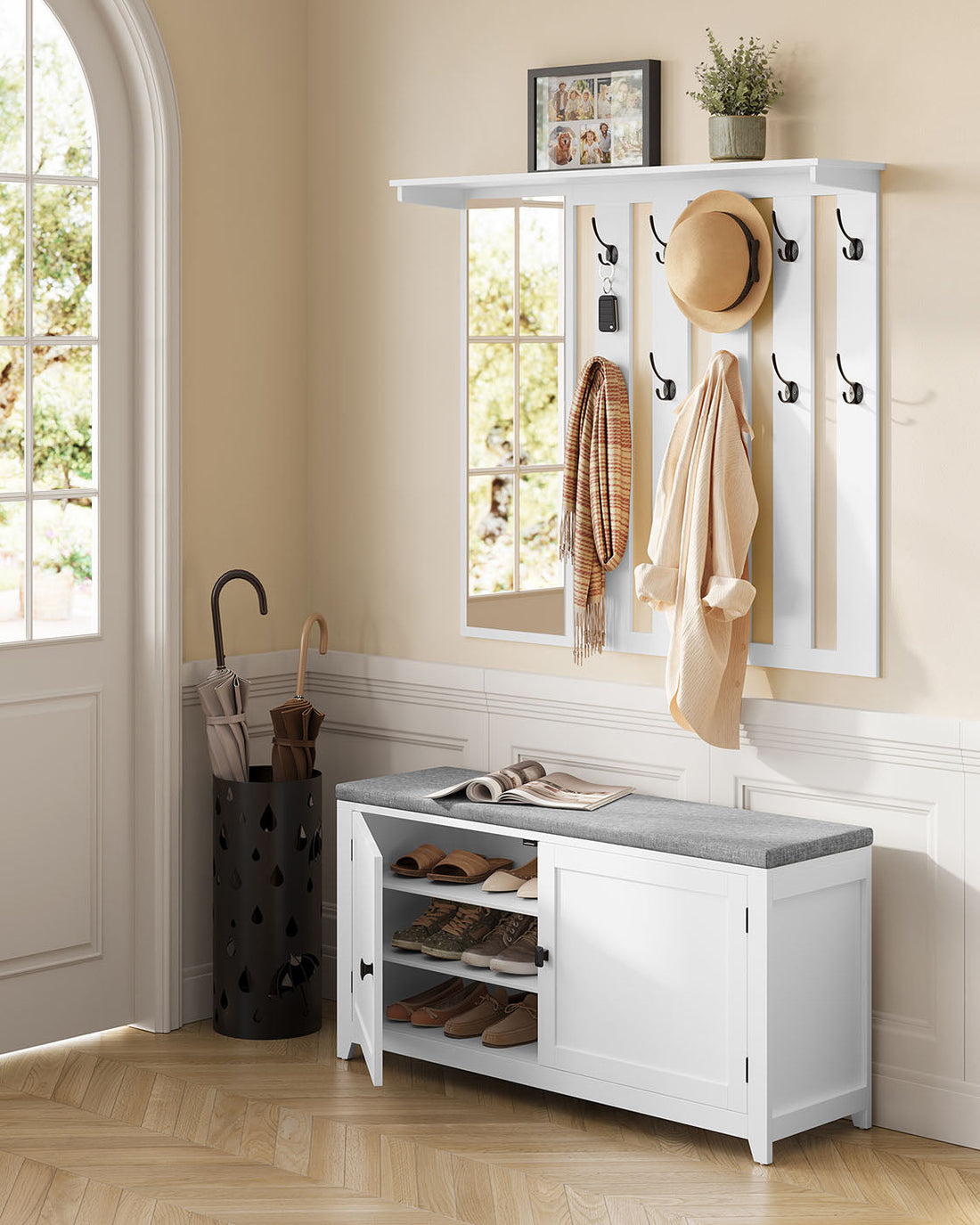 Schuhbank & Wandgarderobe – Flur-Aufbewahrungsmöbel – 10 Haken – hohe Kapazität – 31x102x52 cm