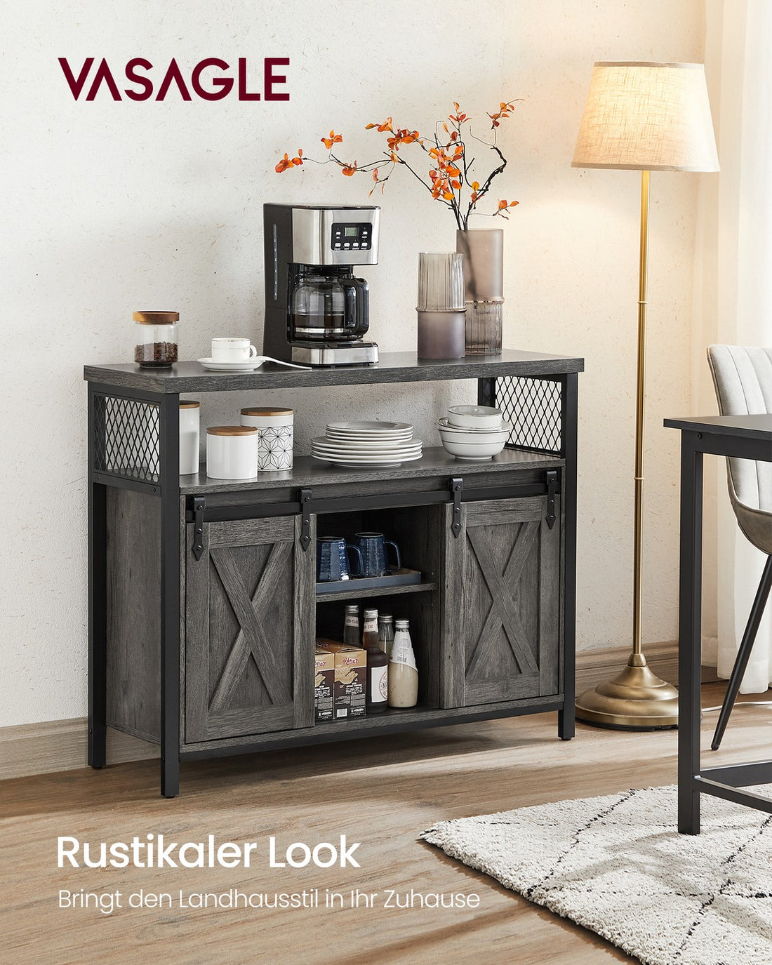 Sideboard, Küchenschrank und Aufbewahrungsschrank mit 2 Schiebetüren | Steingrau-Tiefschwarz | 100x33x80 cm