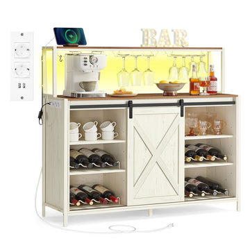 Barkast met ledverlichting, stekkerdoos en schuifdeuren | Vintagewit-honingbruin | 120x36x114 cm