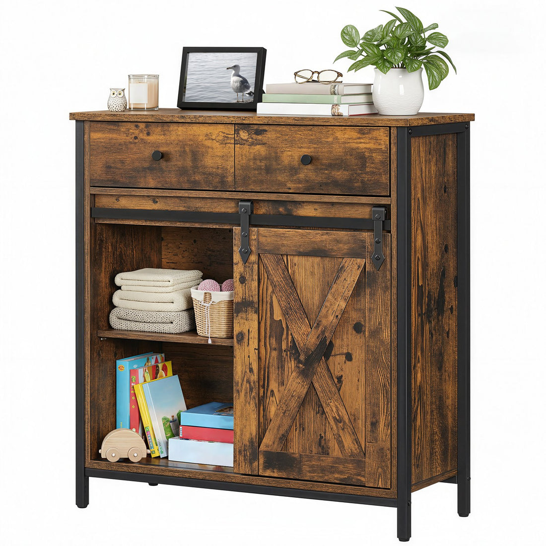 Keukenkast, dressoir met schuifdeur | Vintagebruin-zwart | 70x30x80 cm