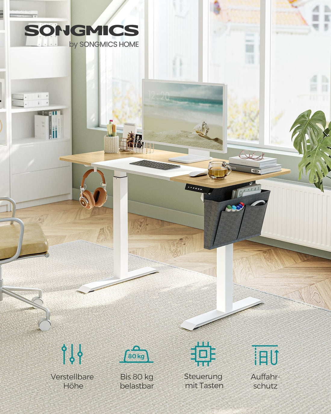 Elektrischer Sitz-Steh-Schreibtisch, verstellbar, Spanplatte/Stahlrahmen, Pastellgelb-Weiß, 60 x 120 cm