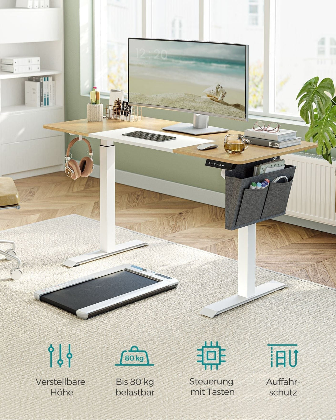 Elektrischer Sitz-Steh-Schreibtisch, verstellbar, 60 x 140 cm, Pastellgelb-Weiß, 80 kg