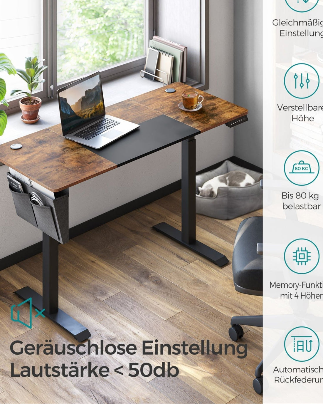 Elektrischer Sitz-Steh-Schreibtisch – Höhenverstellbar – Vintage Braun-Schwarz – 140 x 60 cm
