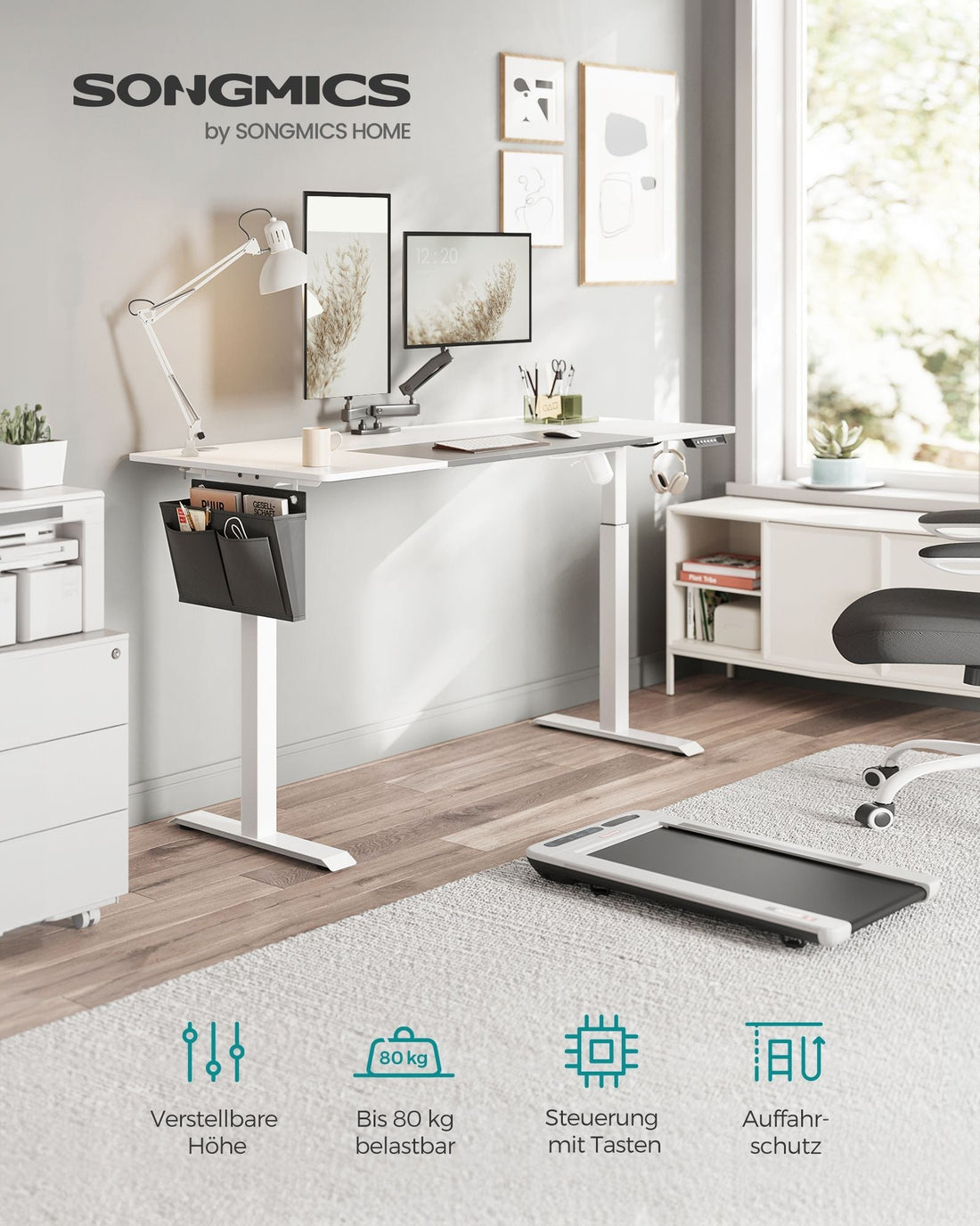 Elektrischer Sitz-Steh-Schreibtisch – verstellbar – Spanplatte/Stahlgestell – 70x160 cm – weiß-taubengrau