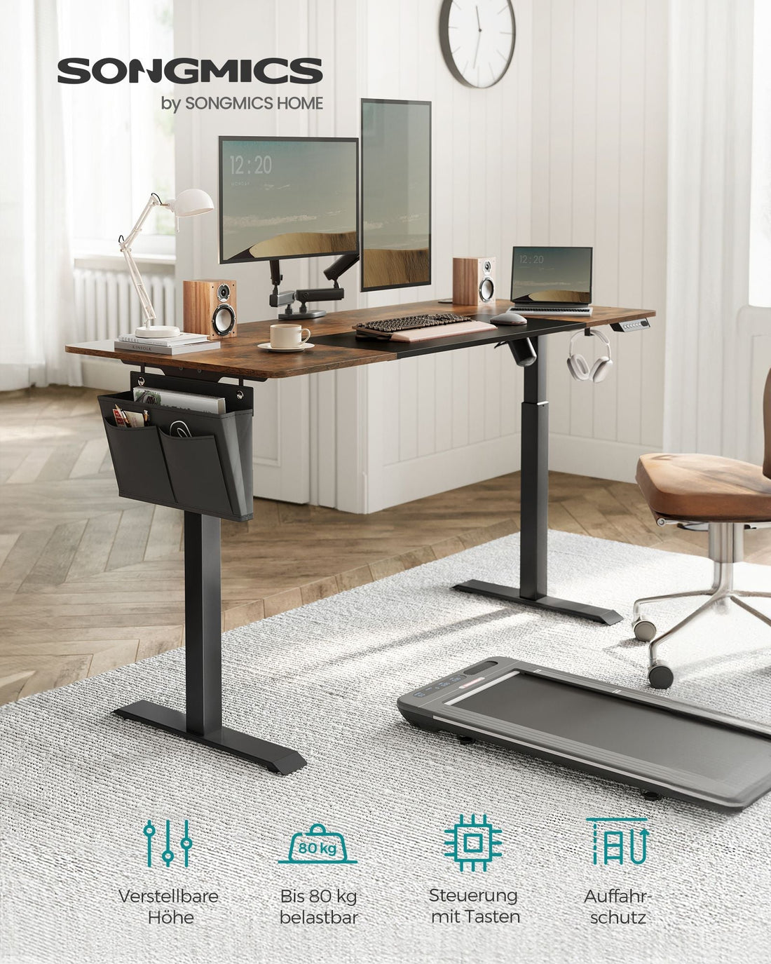 Elektrischer Sitz-Steh-Schreibtisch – Vintagebraun – Verstellbar – Spanplatte – 70 x 160 x 72-120 cm