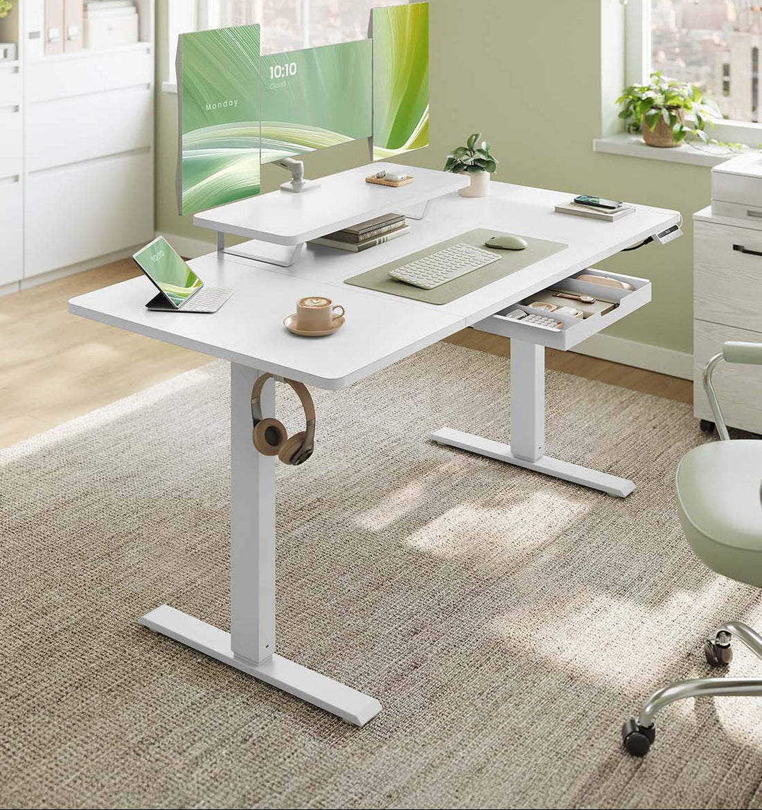 Höhenverstellbarer Schreibtisch - Stehpult - ergonomisch - Spanplatte und Stahl - 140 x 70 cm - weiß