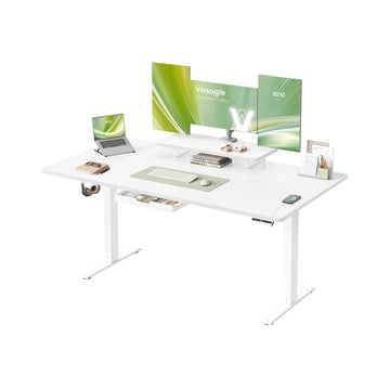 Hoogteverstelbaar bureau met monitorstandaard en USB | Wolkenwit | 160x80x72-120 cm