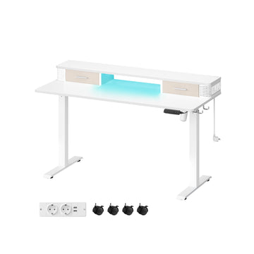 Verstelbaar bureau wolkenwit - 60 x 140 cm - elektrisch - stalen frame - opberghaken