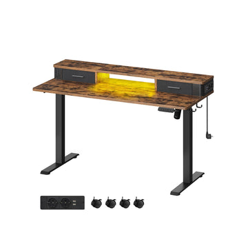 Vintage bruin bureau, in hoogte verstelbaar - staal/spaanplaat - 60 x 140 cm