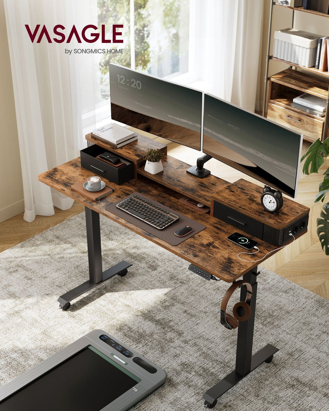 Vintage brunt skrivbord, höj- och sänkbart - stål/spånskiva - 60 x 140 cm