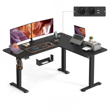L-vormig in hoogte verstelbaar bureau met stopcontacten | Tintenzwart | 160x140x72-120 cm