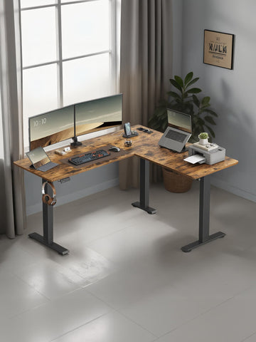 Elektrisch in hoogte verstelbaar hoekbureau met laadstation | Bruin-zwart | 160x140x72-120 cm