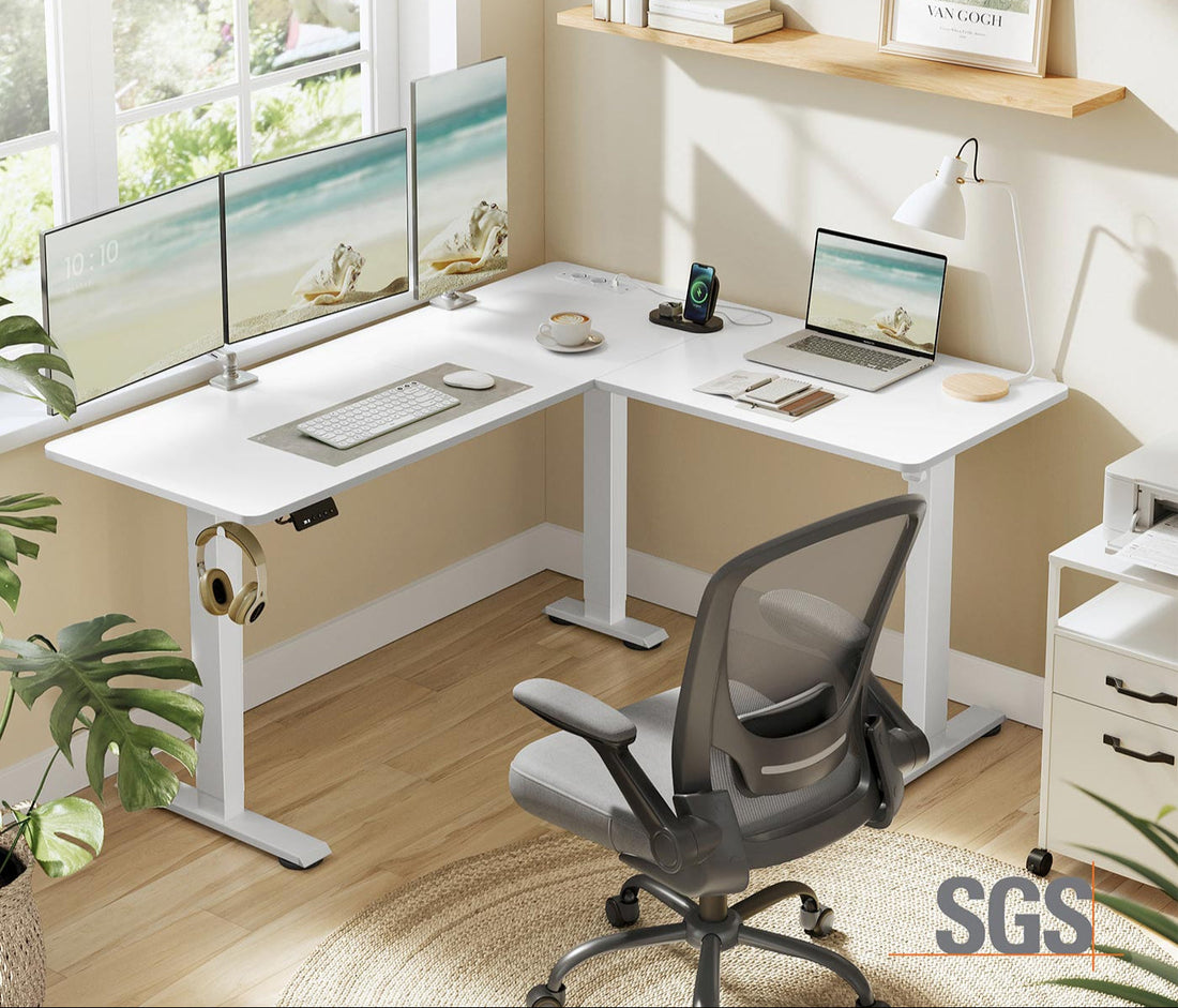 L-format skrivbord – kontorsskrivbord – arbetsplats – laddstation – 140 x 160 x (72–120) cm