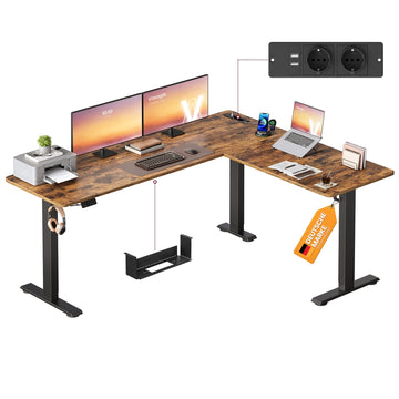 In hoogte verstelbaar L-vormig hoekbureau | Vintagebruin | 190x155x72-120 cm