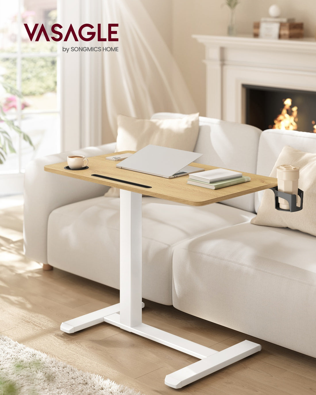 Mobiler Beistelltisch mit Rollen und Getränkehaltern | Goldeneiche-Optik | 80x45x65-102 cm