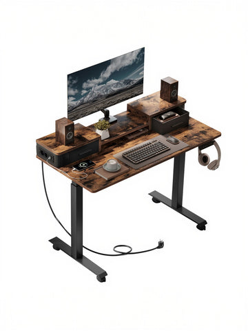 In hoogte verstelbaar bureau met monitorstandaard en laadstation | Bruin | 120x60x72-120 cm