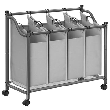 Wasmand op wielen met 4 vakken, 4 uitneembare stoffen zakken, grijs, 87,5 x 38,5 x 67-81 cm