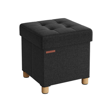 Zwarte opberghocker - opbergbank - voetenbank - linnenlook - MDF - 38 x 38 x 40 cm